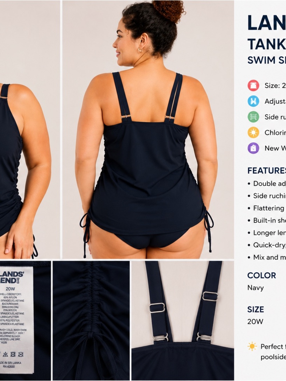 NWT Lands' End Navy Plus-Size- 20 Tankini